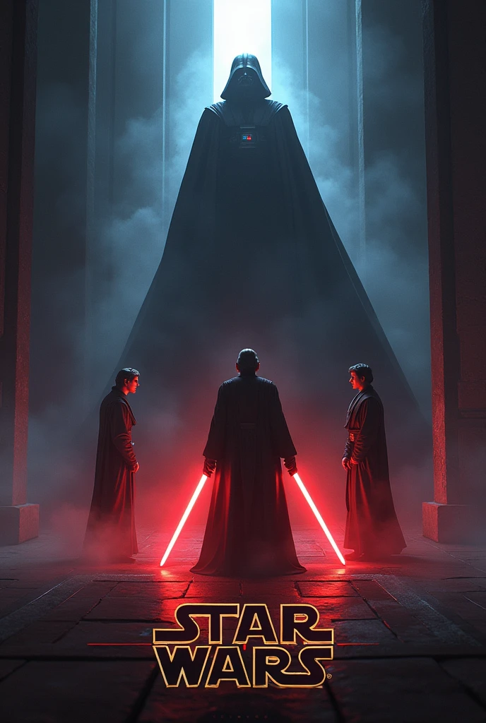 For the movie cover, imagine an epic scene centered around Anakin Skywalker and Obi-Wan Kenobi facing the Chancellor. Here is the description:

The cover shows Anakin and Obi-Wan in a dynamic combat pose., with their lightsabers lit – Anakin with his blue saber and Obi-Wan with his green saber. They are side by side, ready to attack, with serious and determined expressions. Ao fundo, o Chanceler, with a dark look, manipulates the Force, surrounded by an aura of evil energy.

The scenery is dark and dramatic, with a mixture of shadows and intense lights, typical of the atmosphere of "Star Wars". Beneath them, the movie title is in a futuristic font, with the logo of "Star Wars" featured at the top of the cover.  

I will create the image based on this description..
 With visible title: star wars redemption of light