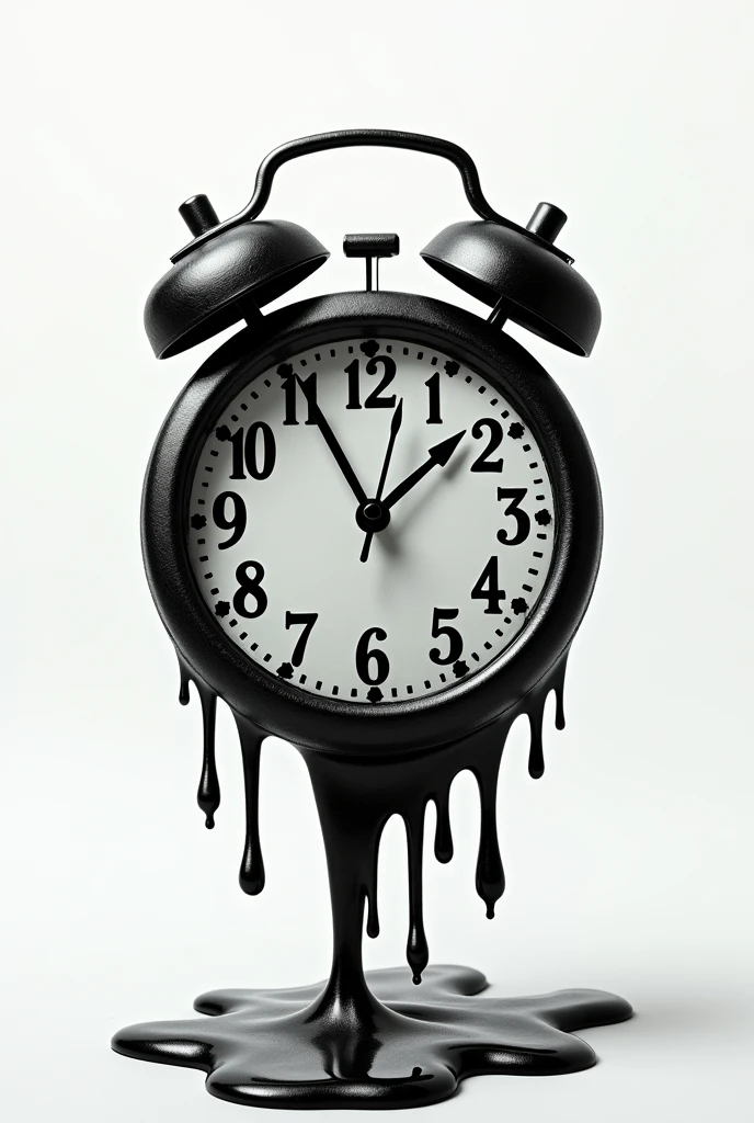 A black-and-white round clock that appears to have melted and is dripping at the bottom (the clock hands show 7:25).