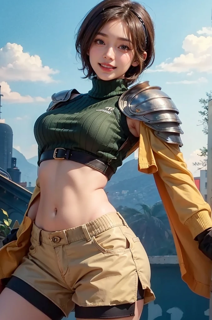 1girl, high res, highly detail, masterpiece, best quality,
short hair
headband
navel
sleeveless
turtleneck
brown eyes
sleeveless turtleneck
solo
breasts
looking at viewer
smile
gloves
crop top
brown hair
shorts
midriff
armor
sweater
open fly
fingerless gloves
ribbed sweater
medium breasts
yufi_kisaragi_01 girl