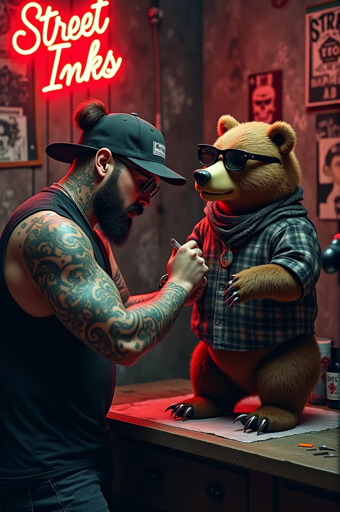 A man tattooing a bear dressed as a cholo inside a tattoo studio with a sign that says “Street inks”
