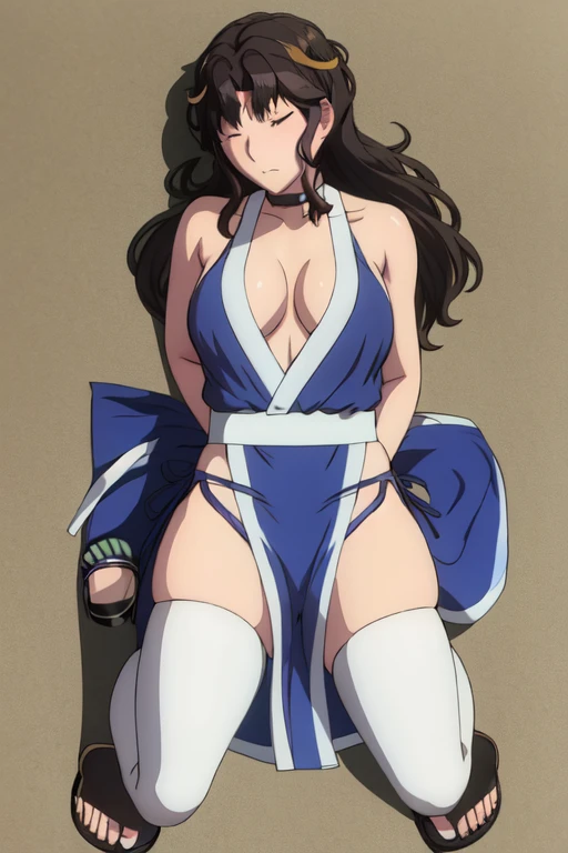 masterpiece, best quality, beautiful art, high resolution, well formed hands, body and fingers, 1 woman, solo,Kaoru Tanamachi, 31 years old, hair ornament, adult, grown up, big breasted, cleavage, full body, braided long hair, blue_japanese_clothes, wearing DOA Kasumi's blue kunoichi dress, sexy and skimpy japanese clothes, kimono peek, sleeveless, panties peek, white stockings, gorgeous legs and thighs,ryona,in peril, she is defeated, knocked out, passed out, closed eyes, fainting, exhausted, unconscious, laying down on the sand, extended exposed body, full body on the sand, breathing heavily, sexy smirk on her face, bouncing breasts, sexy defeated and KOpose, defeat and KO scene, fallen beauty, martial arts tournament with beach environment.