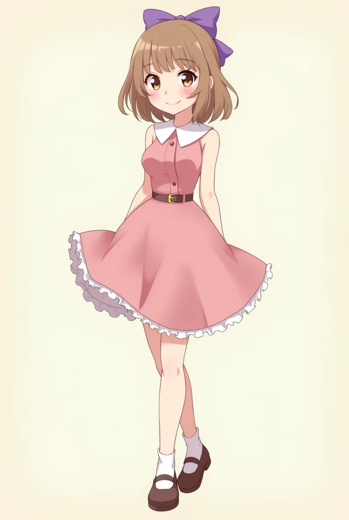 cute anime girl with shoulder length, slightly wavy light brown hair, around her late teens, purple bow in back of hair, wearing a 1950s-styled sleeveless, pink dress with peter pan collars and hemline above the knees, mary jane shoes with white socks.