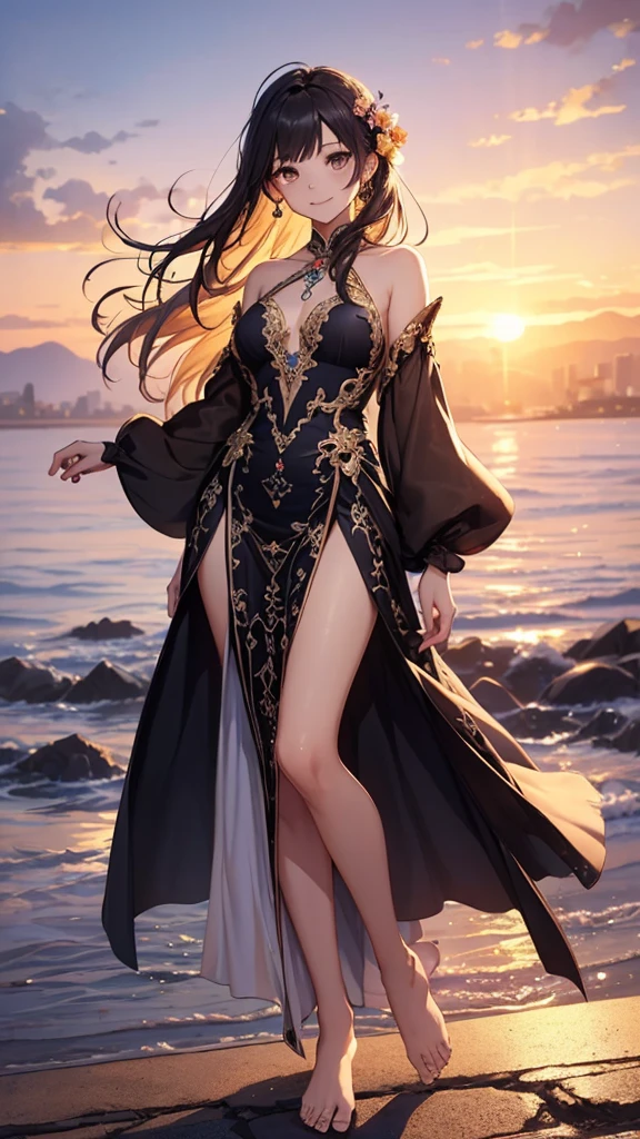 (masterpiece, Best quality, A high resolution, Ultra detailed),(beautiful and aesthetically pleasing:1.2), 1 woman, perfect body, wavy black hair, green eyes, long short tail, Beautiful face, (A slight smile:0.8), detailed eyes and face, Bioluminescent water, at night, stars, moon, intricate details, full body, A sunset red pareo converted into a sophisticated midi wrap skirt, accompanied by a tankini top with a plunging lace-up detail and a pair of gold slip-on sandals