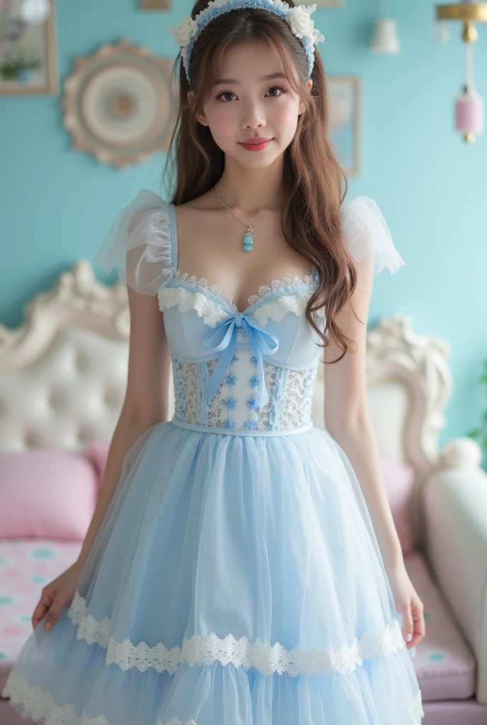 (Highest quality、Masterpiece、8k、Best image quality、Ultra-realism、Award-winning work)、25-year-old beautiful cute girl、(Single person:1.1)、(1 Figure:1.1)、(Cute, Girl, Light Pink and Light Blue Translucent Lolita Dress:1.2)、(Cute Girl's Big Ribbon:1.1)、(Cute and Elegant Hair Accessories:1.1)、(Perfect Lolita Dress with Attention to Details:1.2)、(Cute Dress with Ruffles and Ribbons:1.1)、(Cute Lolita Dress with Lace Decorations:1.1)、(Cute Girl's Wavy Hair:1.1)、(Low Length:1.1)、(Height: 140cm:1.1)、(Big Bust:1.5)、(Charming Body:1.5)、(Big Cleavage:1.5)、(White Rose:1.1)、(Cute Heart Symbol:1.1)、Cute, Full of Ruffles、(Cute Big Ribbon:1.1)、Highlight Your Figure、Slender Body、Stand Elegantly、(Pastel Color Elegant and Girly Lolita Room Background: 1.1)、(Fairytale Lolita room with attention to detail: 1.1)、(Lovely light blue wall decoration: 1.2)、(Lovely room with a girly atmosphere in pastel colors: 1.1)、(Lovely room with very bright and shiny pastel colors: 1.4)、(Very bright and shiny room: 1.2)、(Full of pastel colors: 1.2)、(Very bright and vivid: 1.4)、(Lovely pastel wall decoration: 1.2)、Blurred background、Stand gracefully、Precise anatomy、Perfect makeup、Long eyelashes、Glossy lips、Ultra HD glossy skin、(Ultra-high definition, bright and beautiful skin: 1.2)、(Very bright and glowing skin: 1.2)、Ultra HD glossy skin、Super clear beautiful teeth、Light brown and blonde hair、Light brown eyes,dynamic posing, sexy posing, fashion pose, modeling pose
,((full body)),(Full shot)