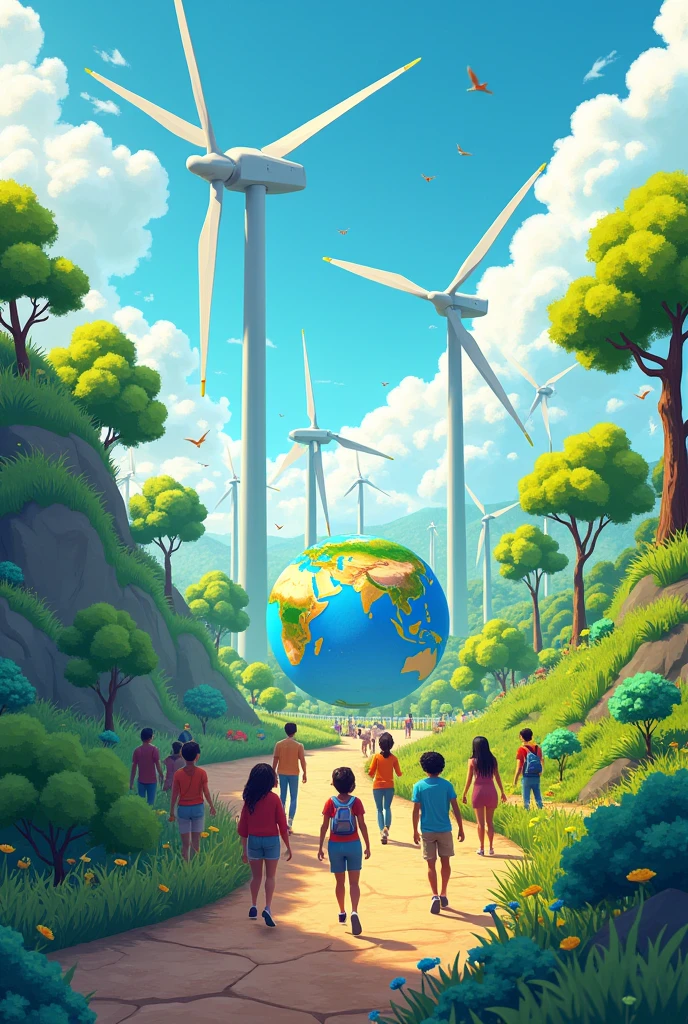 wind turbines, solar panels, trees, and a globe. The young people are diverse and dynamic, representing various cultures and backgrounds, and the pathways form a symbolic bridge between technology and a greener, more sustainable future. The setting is vibrant, hopeful, and filled with bright colors, highlighting the theme of youth empowerment through digital technology for sustainable progress.