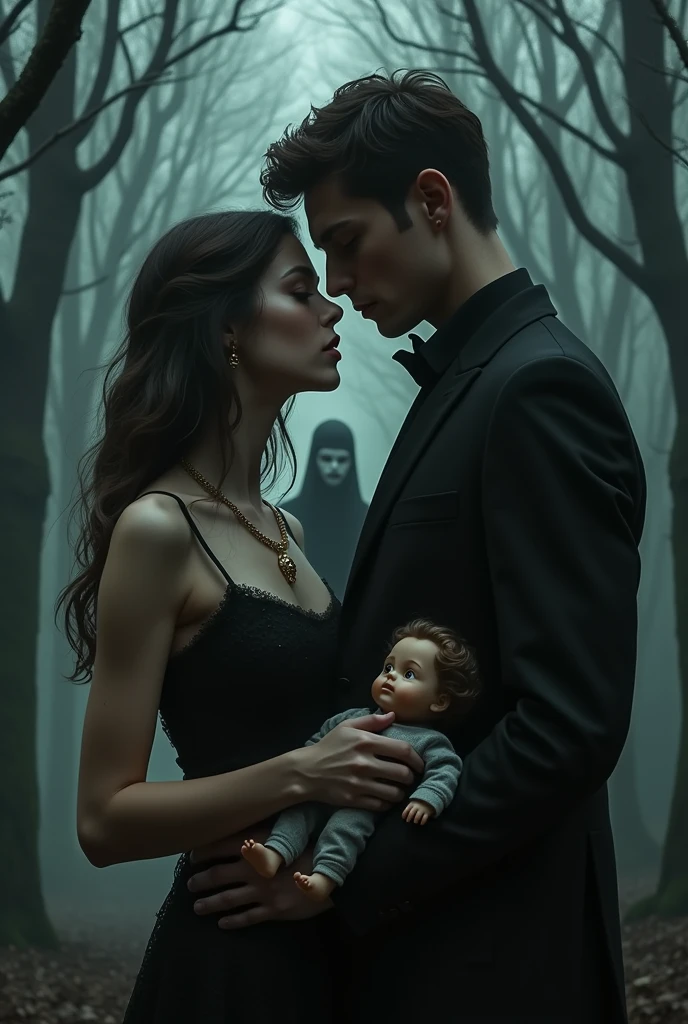 A young woman wearing a pendant and a handsome young man wearing a black suit with the background of a in forest with a creepy masked man holding a girl doll