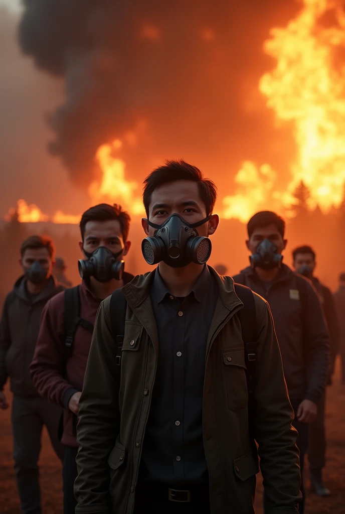Create several people wearing smoke masks, and behind them a very large wildfire.