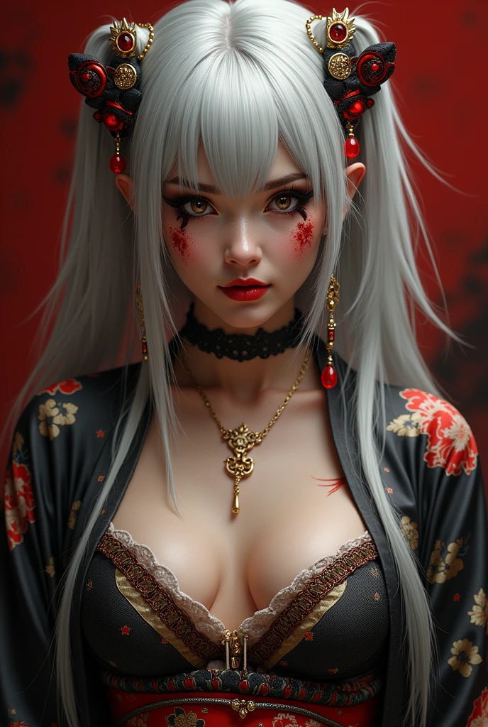 An elegant and extravagant kimono and accessories。woman。Her hair is a flashy silver color。Gal Makeup。Making fun of people。devil。Prostitute。Mocking。