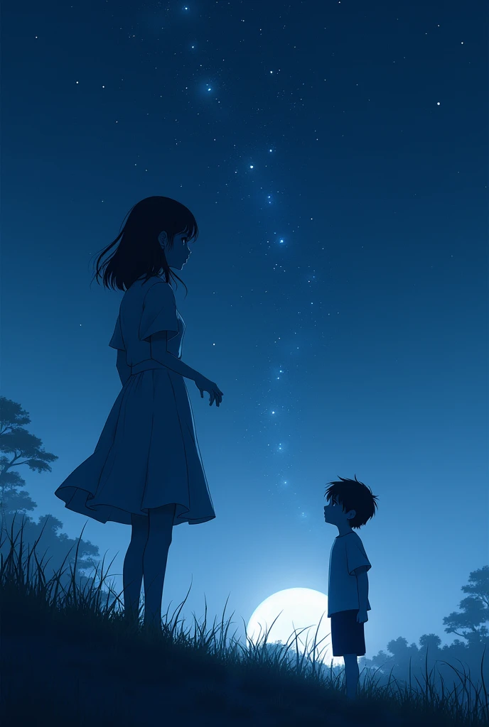 Girl shadow a boy standing ani seeing stars in moon light 