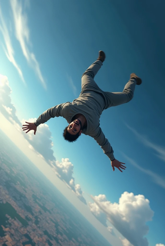 Man falling towards earth fast back facing me