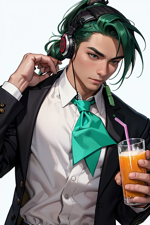 Drink juice、White neckerchief around the neck、Man wearing headphones、Black suit、Green Haired Man、ponytail、