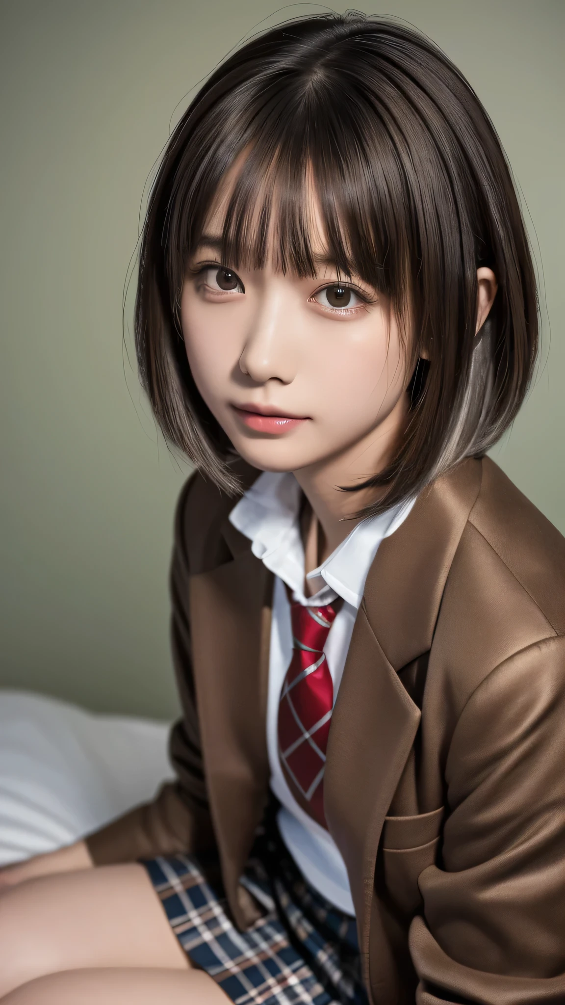 ((masterpiece, Highest quality, High resolution)), One of the Japan, (Realistic: 1.4), excited、Great face,Glossy lips、, Silver Hair、Silver Hair、short hair, Silver Hair、(Beautiful Hair:1.5), high school girl、(Brown blazer、Brown jacket)、(Red tie)、Brown Checkered Skirt、(Skirt length
:1.1)、Beautiful legs、Lie down on the bed、Staring、Angle from the front, Smooth, Highly detailed CG composite 8K wallpaper, High resolution RAW color photos, Professional photography, Light, BackLight, dream-like, impressive, Written boundary depth, (Face close-up:1.5)
