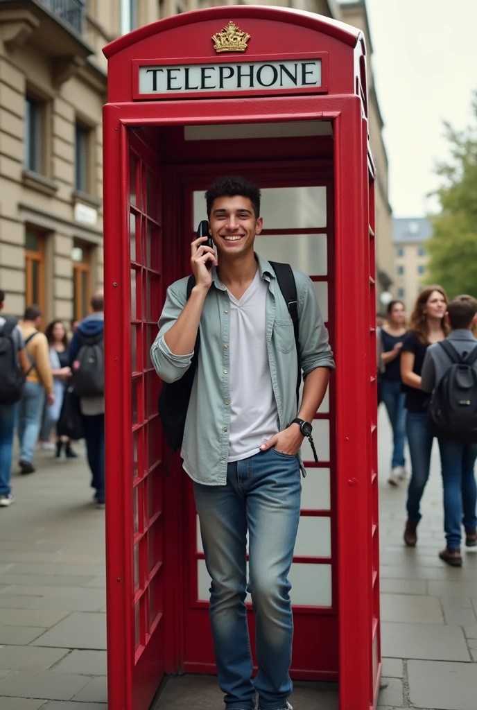 A male student happily making a phone call in a red telephone booth。Full Body。An angle shot from an oblique perspective。