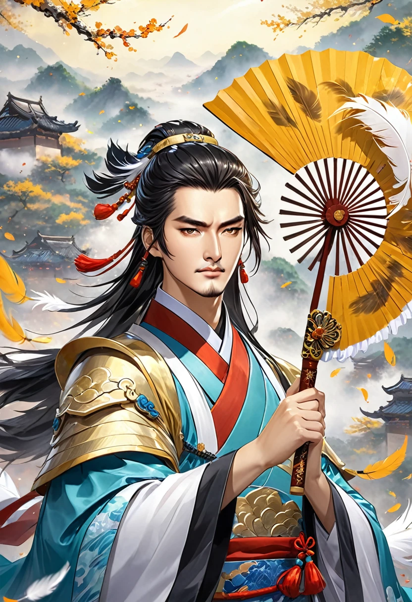 Three Kingdoms Zhuge Liang, young, wind, very smart, Hold a fan in your hand, Fan made of feathers.