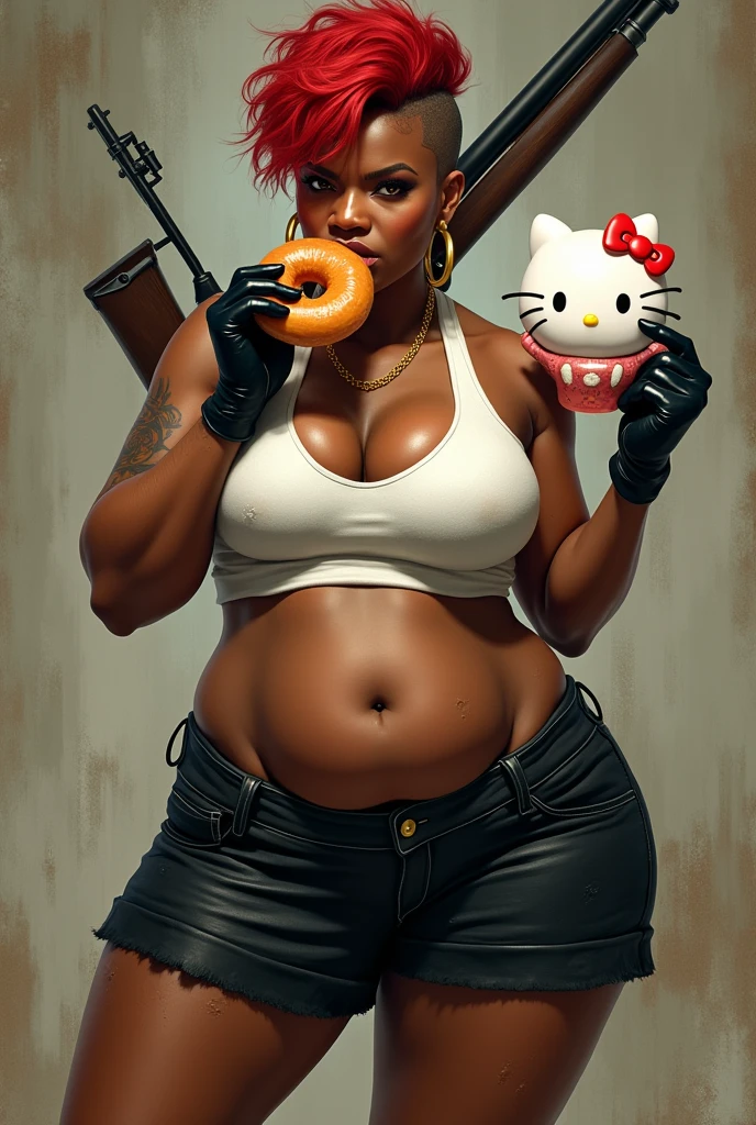 Very muscular black woman, well defined and large arms with an angry expression wearing a black punk glove on only one hand with short red hair above the ears on only one side, with the other side falling over one side of the face with one side shaved wearing gold hoop earrings, eyes browns, wearing a black skirt above the knees and a sweaty white tank top, large breasts and high heels, realistic styling, wearing a sawed-off shotgun on his back and a Hello Kitty mask in one hand, eating a donut, chubby belly