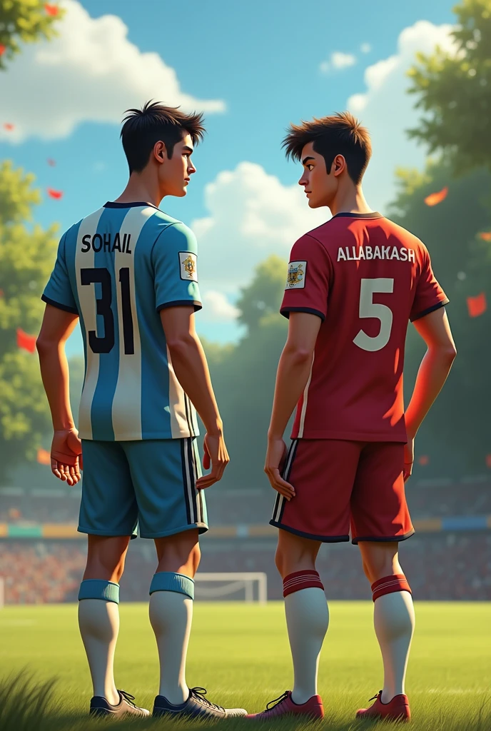 Two friends one wearing Argentina football jersey with name Sohail and number 31 and another wearing purtugal football jersey number 5and name allabakash