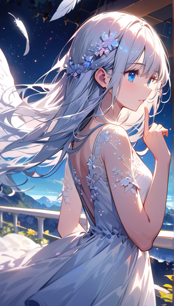 (best quality:1.2),(hands finger 5 digits:1.3),(extremely delicate and beautiful:1.3),(detailed ultra detailed:1.2),(scenery clear details:1.2),(scenery crystal clear :1.2),(solo),(blue eyes),(long white long hair),(white dress),(angel wings),(floating white feathers,starry sky),(clusters of stars,starry sky),(glinting stars),(solo),(long silver long hair),(best quality:1.2),(hands finger 5 digits:1.3),(extremely delicate and beautiful:1.3),(detailed ultra detailed:1.2),(scenery clear details:1.2),