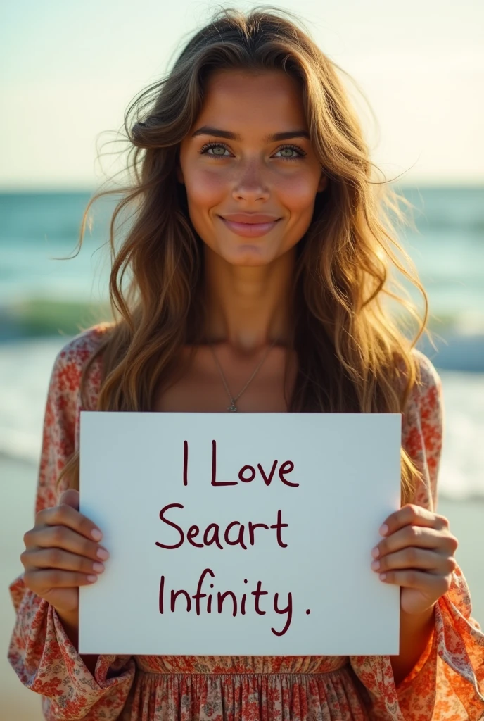 Beautiful girl with wavy long hair, bohemian dress, holding a white board with text "I Love Seaart Infinity" and showing it to the viewer