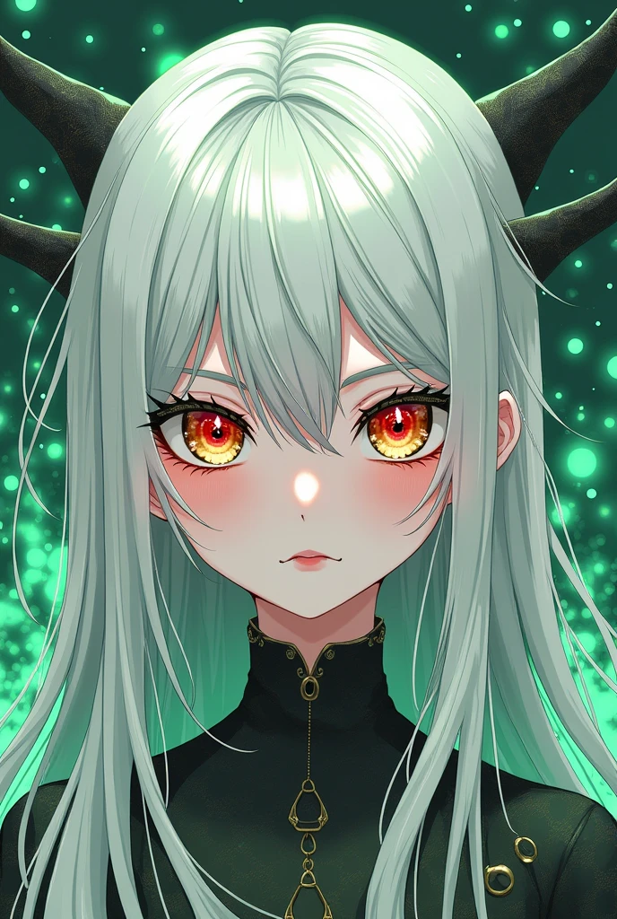 Fantasy、2Dimensional anime style、Silver hair with green mesh、Smooth Straight Hair、Long Hair、Gold and red odd eyes、Three white eyes、Slanted Eyes、Fair skin、Fishing eyebrows、No highlights in the eyes、High exposure
