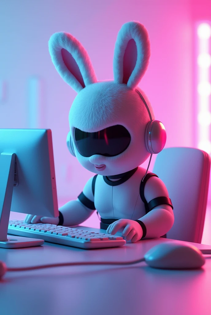 cartoon character with a computer and a mouse on a floor, roblox avatar, vrchat, by :5 sexy: 7, wearing cybernetic bunny ears, electrixbunny, holding a pudica pose, roblox, roblox screenshot, ( ( ( ( 3 d render ) ) ) ), y 2 k cutecore clowncore