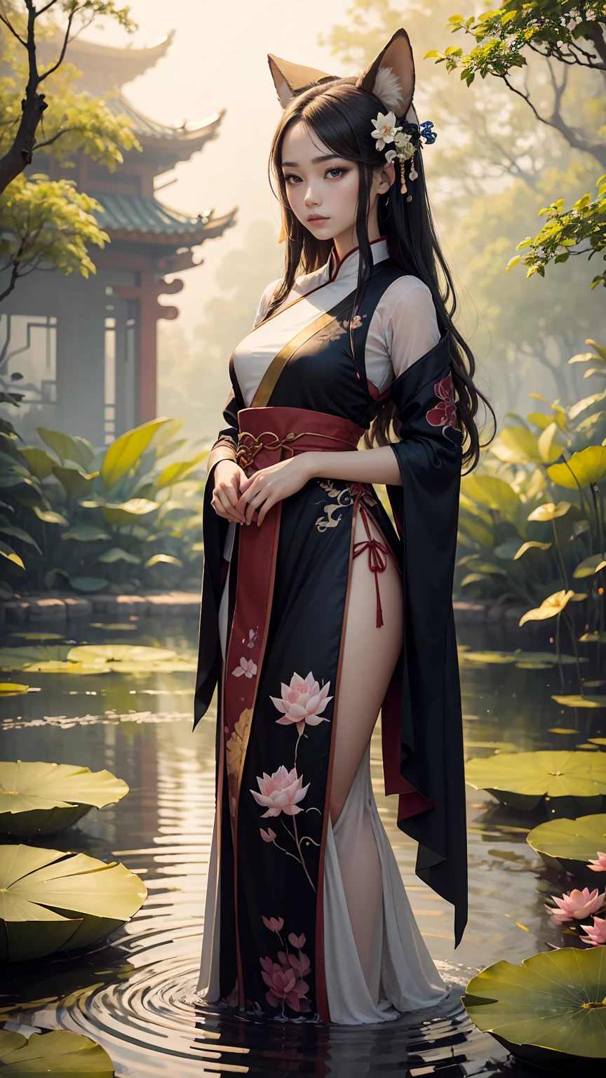 A mesmerizing, high-resolution masterpiece of a young, beautiful woman wearing a colorful Chinese Hanfu. She has seductive fox ears and is situated by a lotus pond, with her clothes floating and hair flowing gracefully in the water. The intricate hand-painted details of the fantasy scene are accentuated by the simple yet impactful lines, creating a captivating and enchanting atmosphere.