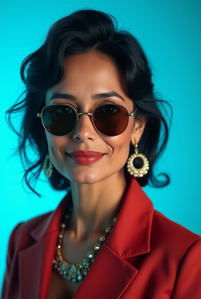 The best cell phone wallpaper, Award-Winning Wallpaper, portrait photography, In the front view is a portrait of a cute indian married 40 year old woman wearing mid-1960s seductive fashion, front view photo, Shot with Canon EOS R5, Set a strong contrast that accentuates the subject, Fluorescent blue tone, Wearing a very modern coat and sunglasses is a modern 1960s style, Clothes all in one color, beautiful background