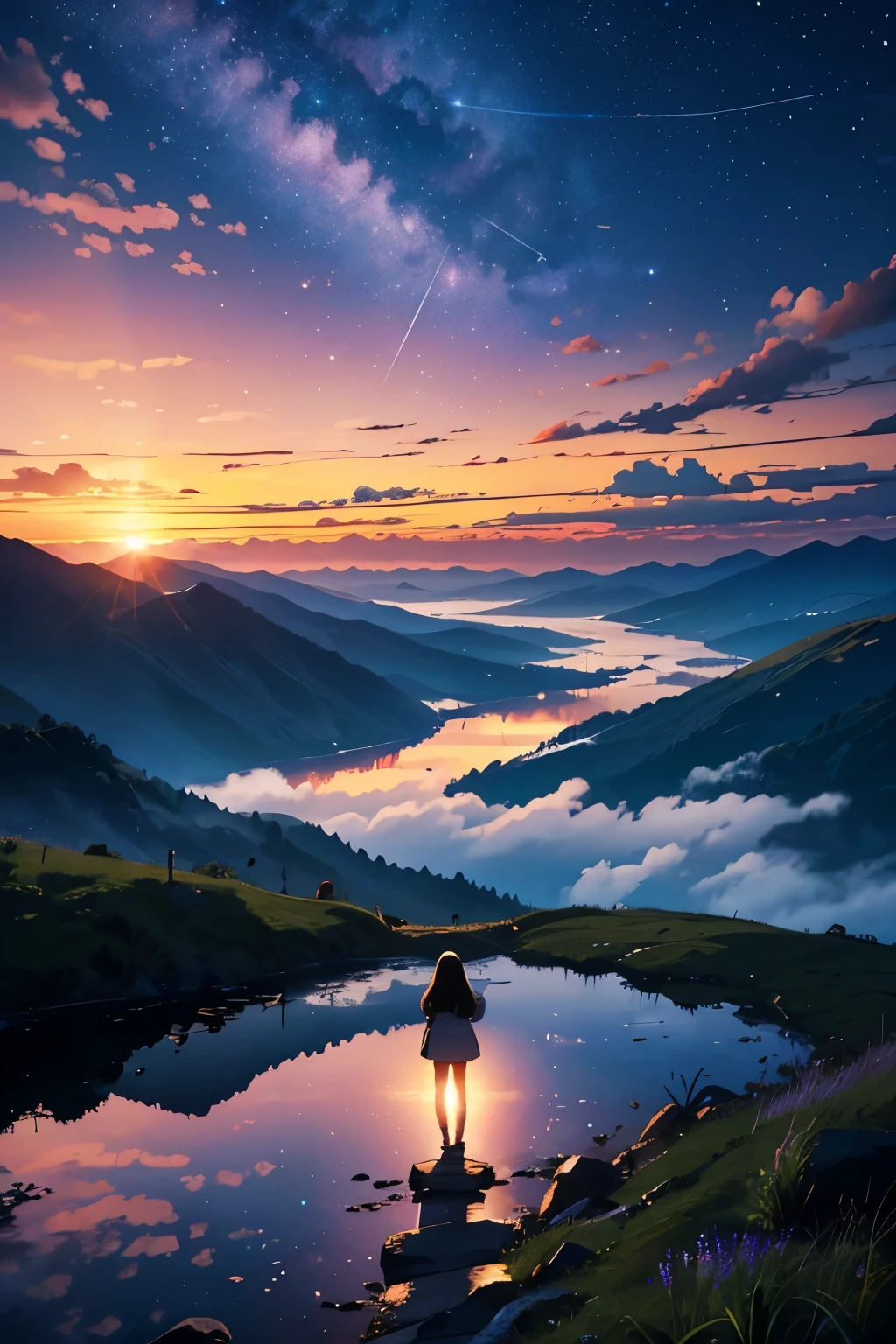 Every 朝日 carries the promise of a new dawn. Accept the outcome, Paving the way for a beautiful beginning. Nature painting. cloudy, shooting stars, sunset, A small woman is reflected in the photo.、Back view、Fantastic scenery、Surrounded by mountains