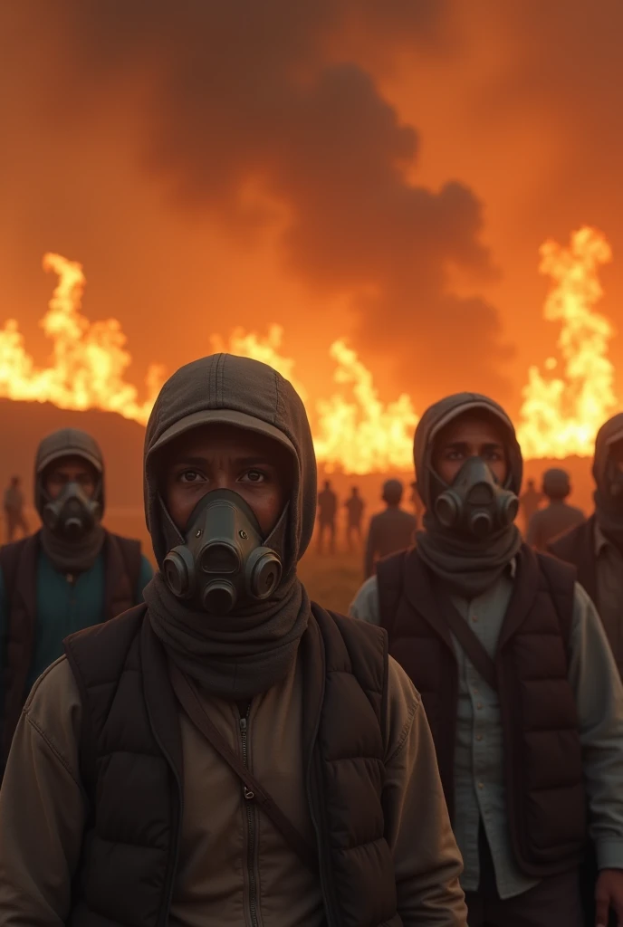Create several low-income people using smoke mask, and behind them a very large wildfire.