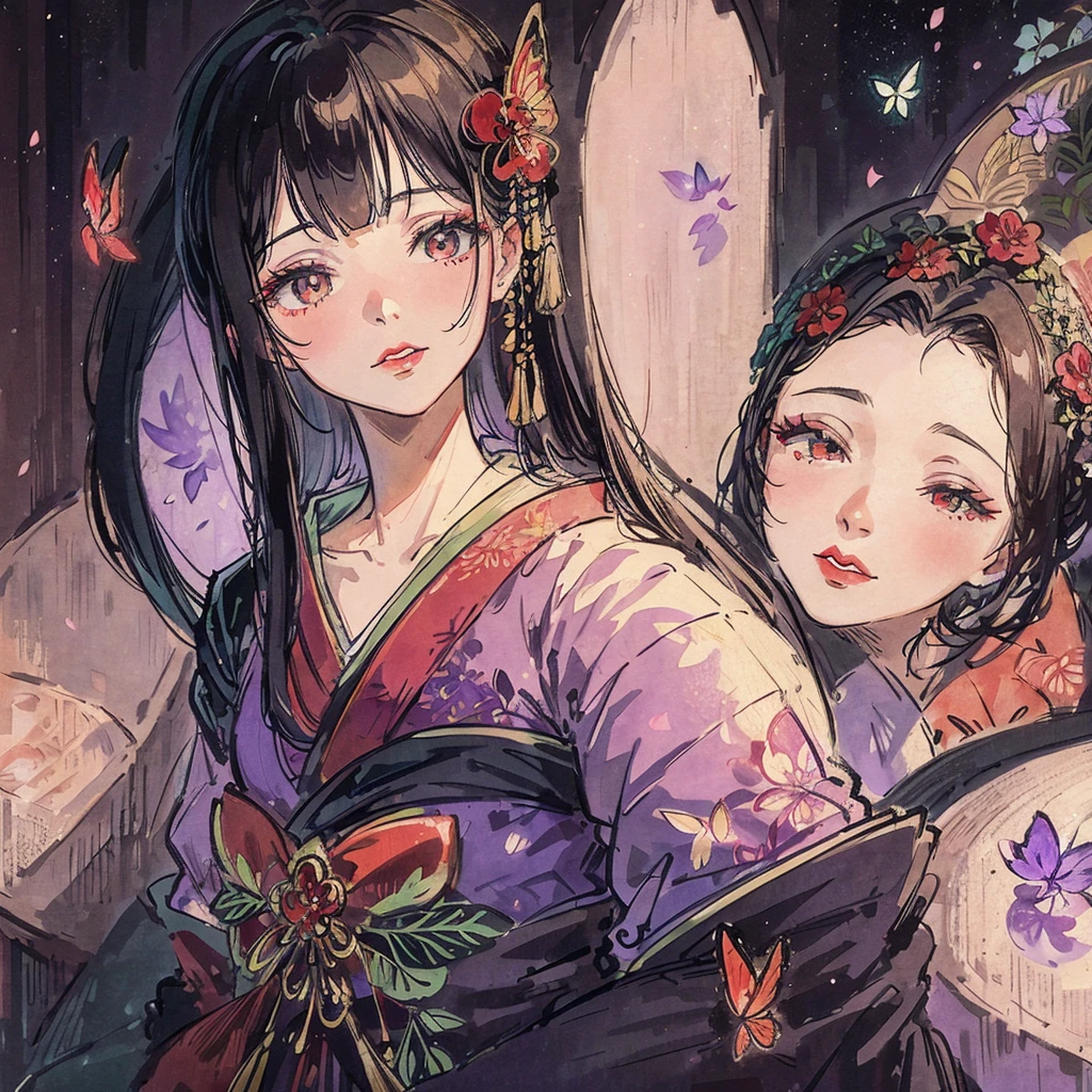 1 beautiful decent woman in the wisteria forest, dark night, , (Beautifully Aesthetic:1.2),wisteria, peace, tranquility, serenity, petals, red kimono, red lip, butterflies, decent