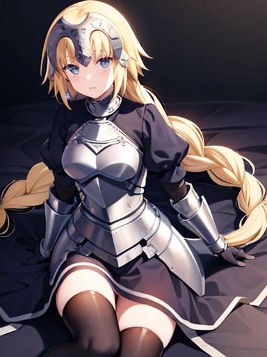 masterpiece,best quality,high resolution,jeanne darc, blonde hair, blue eyes, long hair,armor, armored boots, armored dress, black gloves, black thighhighs, braid, dress, gauntlets, gloves, headpiece, blue dress, single braid, thighhighs,