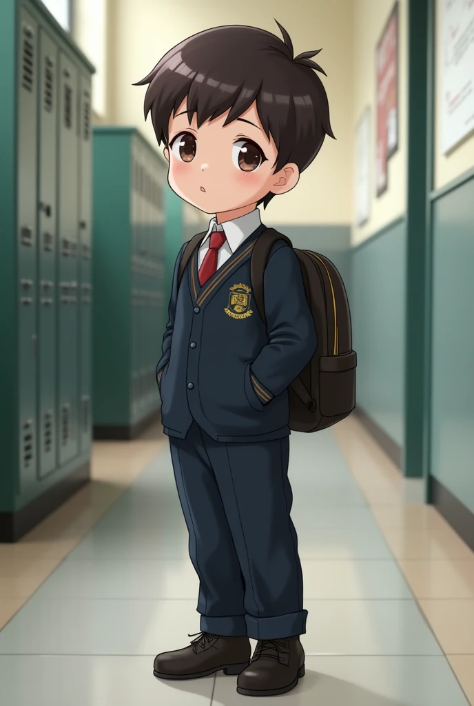 Draw a picture of a school child wearing a full uniform.
