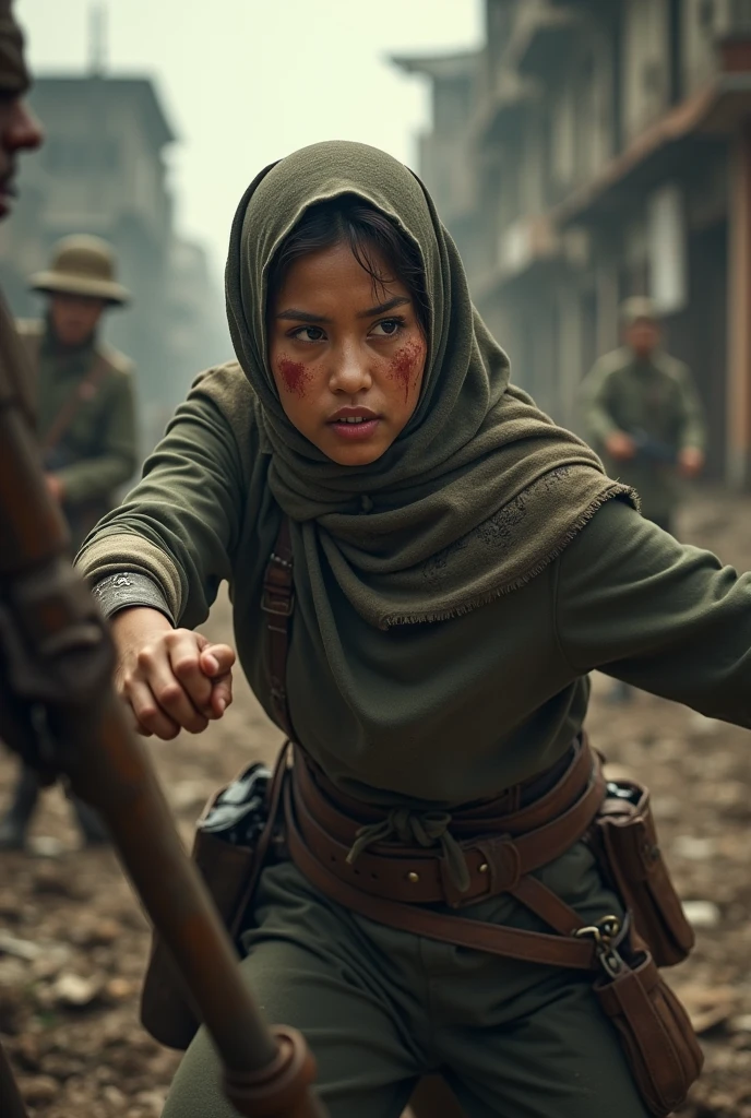 Indonesian fighter female with hijab, fighting with colonizer (1945). Rage, and there is a some stain on her cheeks