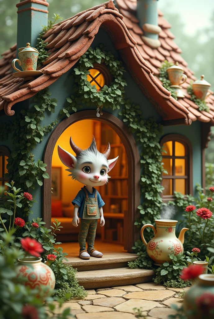 A cute mythical creature in the form of a male humanoid who loves tea and his whole house is covered in tea