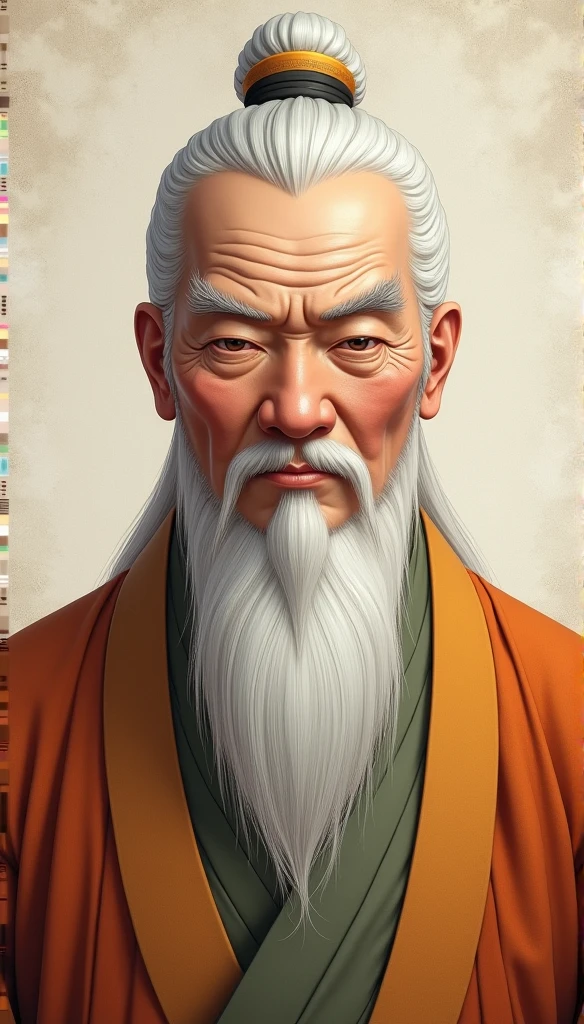 Old Man of the East，Frontal portrait of ancient Chinese people（Statue of Confucius 1.0），Audience visual inspection（Lens perspective），Kind-hearted，White haired man，Hair Bun，no head gear。ginger clothes。Light background（Drawing paper texture 1.5）。超HD, Retina, masterpiece, Acura, Anatomically correct, Awards, high quality, High Detail, Super Detail, Textured Skin, best quality, high resolution,HD, 4K, 8K, 16K。