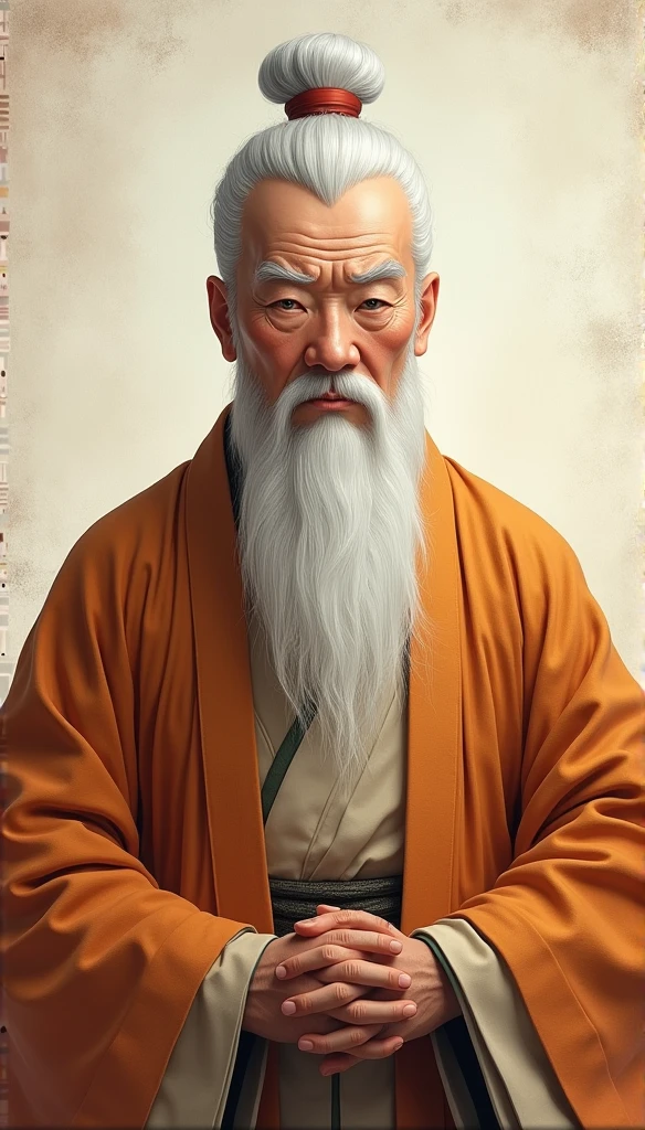 Old Man of the East,Frontal portrait of ancient Chinese people(Statue of Confucius 1.0),Audience visual inspection(Lens perspective),Kind-hearted,White haired man,Hair Bun,no head gear。ginger clothes。Light background(Drawing paper texture 1.5)。超HD, Retina, masterpiece, Acura, Anatomically correct, Awards, high quality, High Detail, Super Detail, Textured Skin, best quality, high resolution,HD, 4K, 8K, 16K。