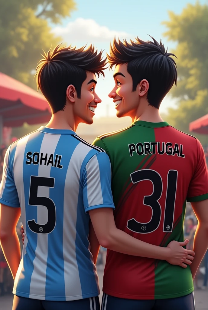 Two friends one wearing Argentina football jersey with name Sohail and number 5and another wearing purtugal football jersey number 31 and name allabakash