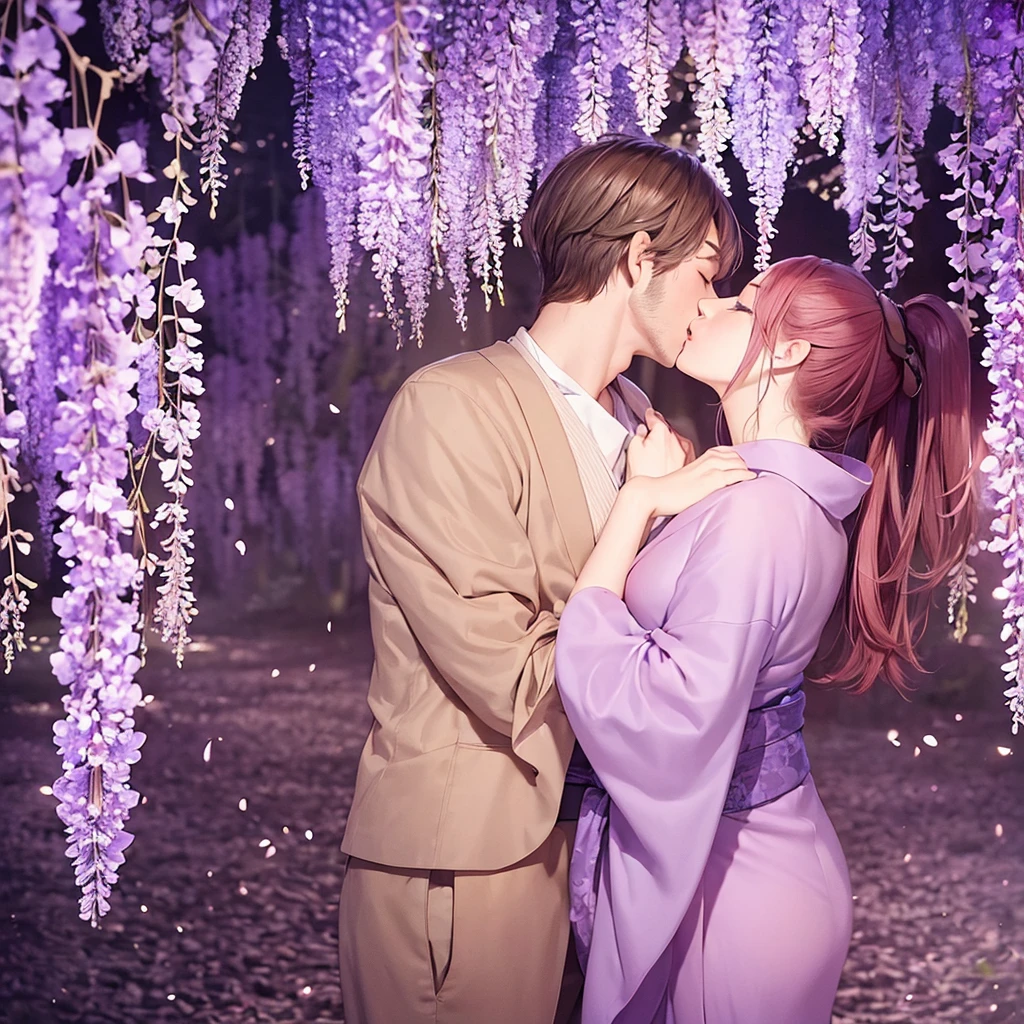 a man is kissing a woman in the wisteria forest, dark night, , (Beautifully Aesthetic:1.2),wisteria, peace, tranquility, serenity, petals, red kimono