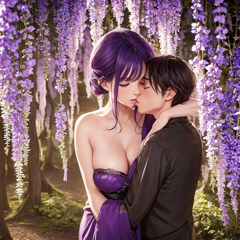 a man is kissing a woman in the wisteria forest,  dark night, , (Beautifully Aesthetic:1.2),wisteria, peace, tranquility, serenity, petals, red kimono