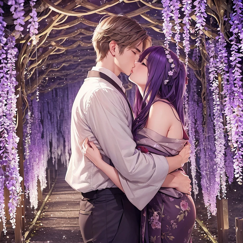 a man is kissing a woman in the wisteria forest,  dark night, , (Beautifully Aesthetic:1.2),wisteria, peace, tranquility, serenity, petals, red kimono