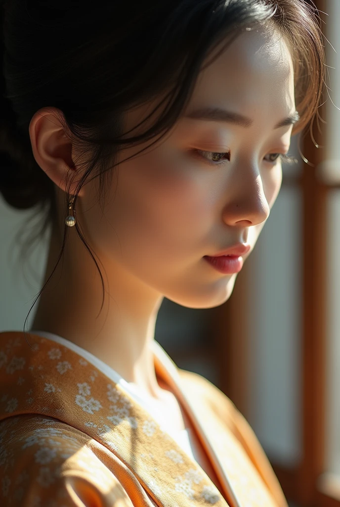 An elegantly dressed Japanese woman in natural light、A close-up of her chest and calm expression.、It shows her inner peace and outer charm.。