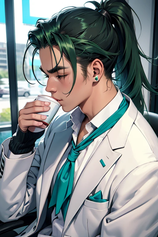 solo、Kiss the cup、White neckerchief around the neck、Man wearing headphones、Black suit、Green Haired Man、ponytail、