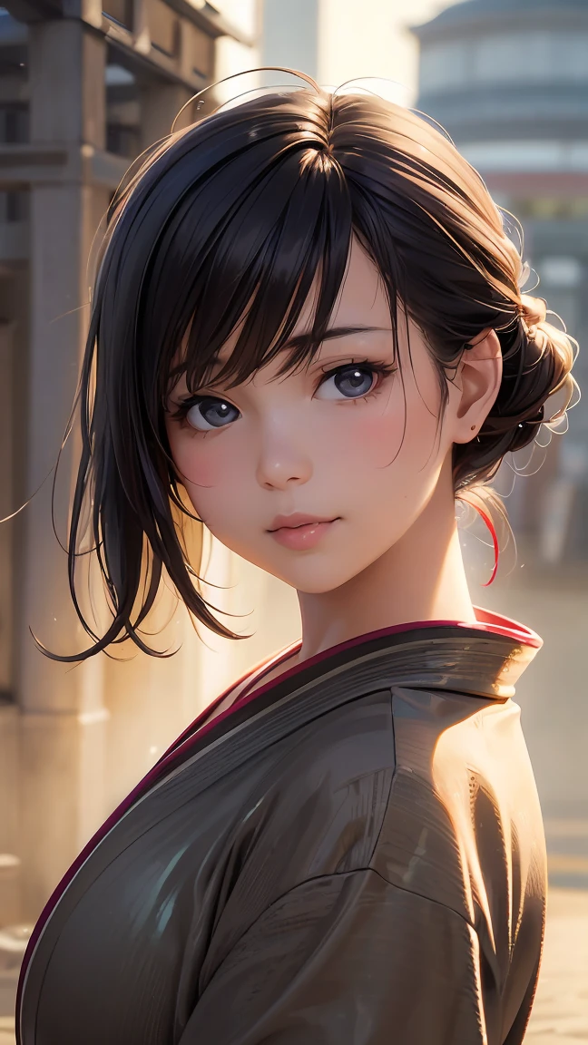 Best Quality, Masterpiece, Ultra-high resolution, (Photorealistic:1.8), Raw photo, Japanese, one person&#39;s, (10 years old:1.4), Black Hair, Very short hair, EyesBeautiful Eyes, An angelic smile, A big smile, (Huge breasts:1.5), Curvy Body, (Narrow waist:1.4), Swimming Race Suit, (latex:1.2), Pink, (Realism), It shows her whole body, (metallic one-piece swimsuit:1.2)、(gleaming skin:1.4)、