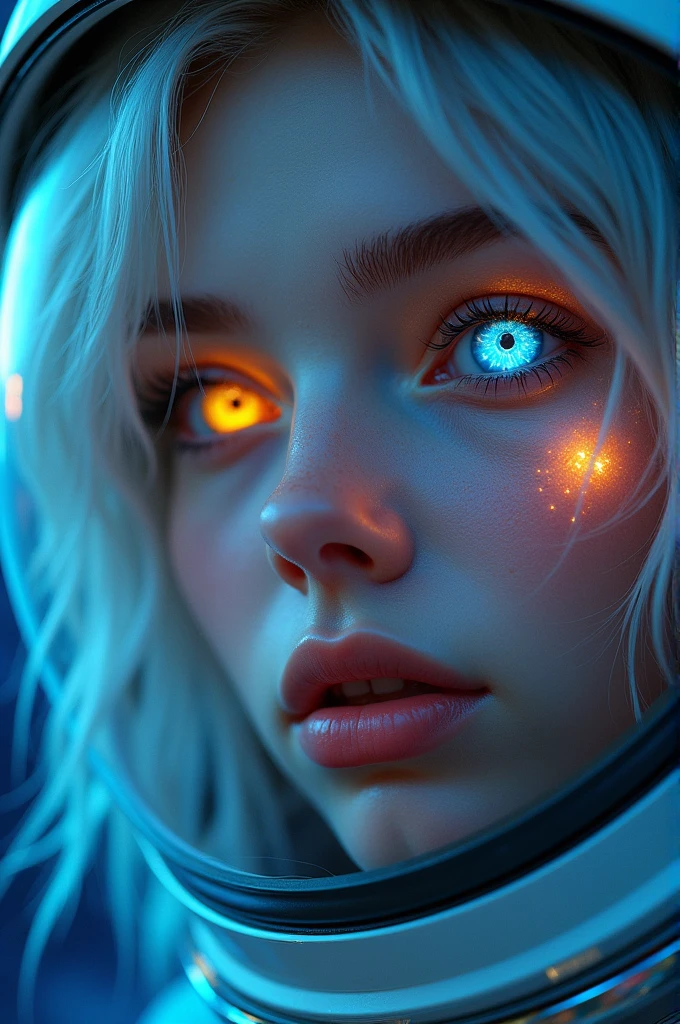 (Close-up of a better masterpiece:1.5)0.9], (Space and astronauts:1.2) (Messy silver hair:1.1) (Heterochromia xanthochromia and blue eyes:1.2) (Space Helmet:1.0) (Colored stars in the eyes:1.0) (A radiant glow:1.1) (thick lips:0.9)