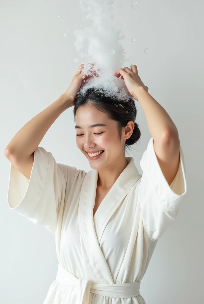 Create an Asian beauty,Regular facial features,Wearing a white satin bathrobe,Scratch your scalp with both hands,Two hands washing hair on top of head,There is a lot of foam and water on the head,Foam wrap head,Real bubbles,Open your eyes,The expression is happy,Upper Body,The characters are realistic and realistic,Pure white background,Character front position,9:16 frames,Ultra-high-definition picture quality