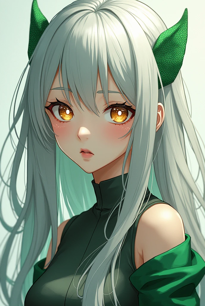 Fantasy、２Dimensional anime style、Silver hair with green mesh、Smooth Straight Hair、Long Hair、Gold and red odd eyes、Three white eyes、Slanted Eyes、Fair skin、Fishing eyebrows、No highlights in the eyes、High exposure、Girl