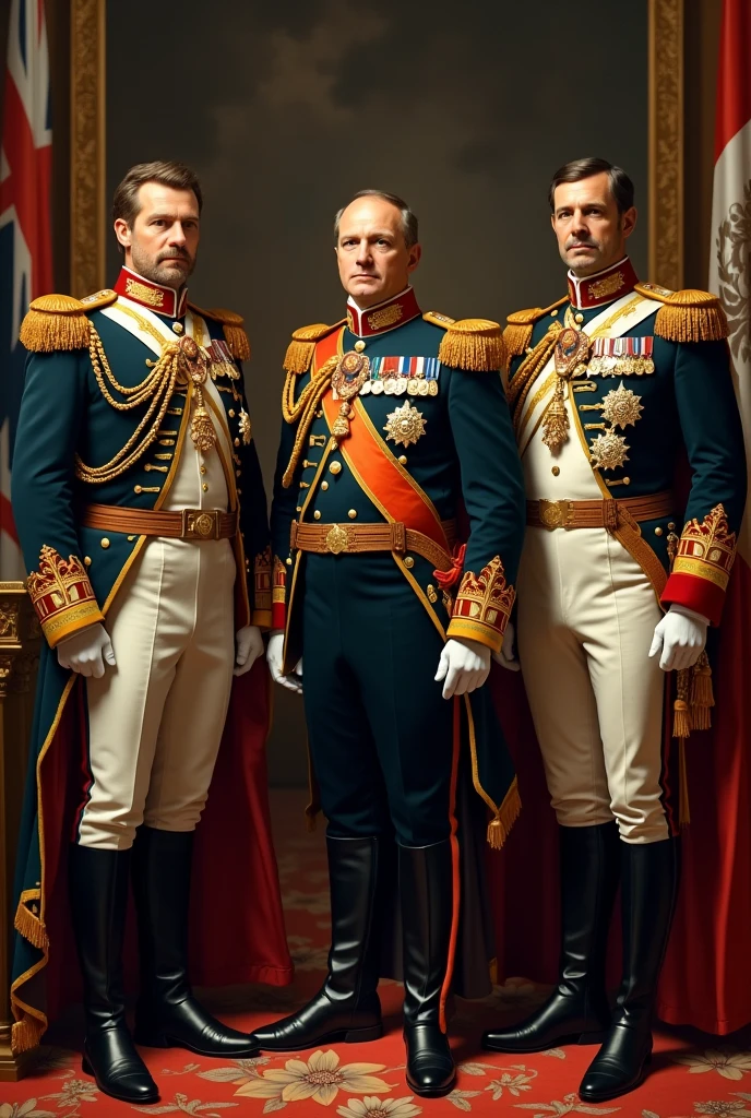 King of great Britain, emperor of Russia and emperor of Germany standing together wearing their uniforms