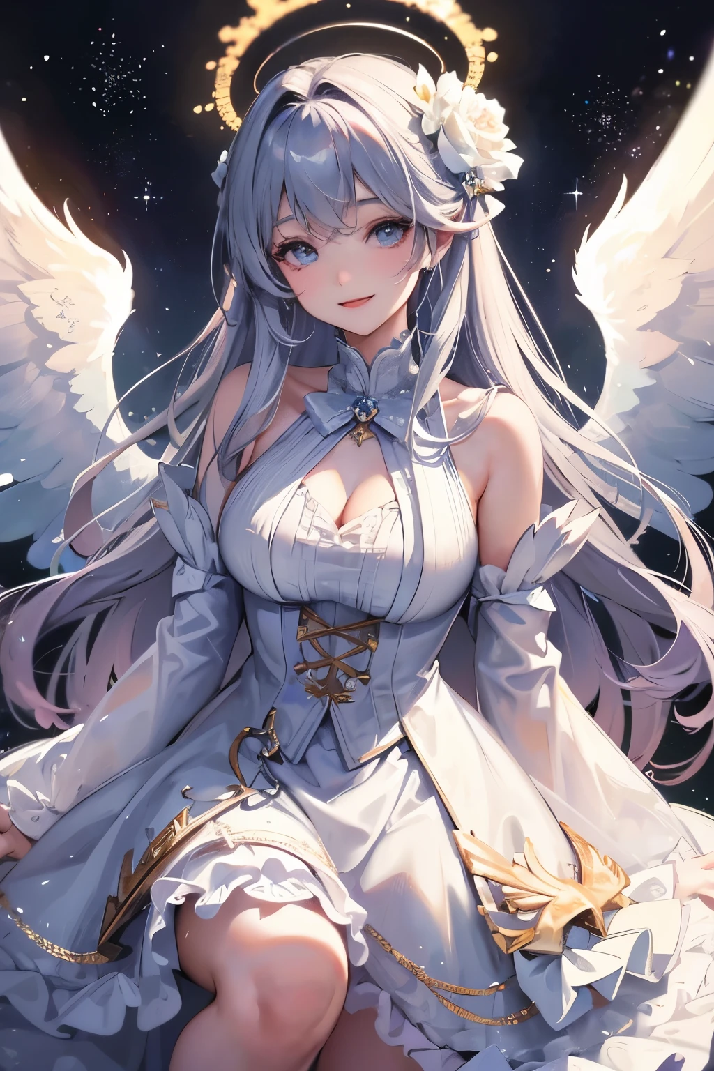 tmasterpiece, (Best quality:1.2), [:Complicated details:0.2], 1 plump girl,  Angelic, the angel's wings, White frills, (Daytime sky), A flashing halo, intense concentration, Burst energy, mystic symbols, scintillation particles,(((A kind smile)))