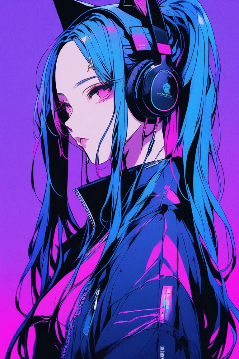 ((masterpiece,Highest quality)), 8k, anime , Realistic ,sketch, anime風のポートレート, 黒猫を連れたanimeの女性, 20-year-old, Blue gradient background, ((Cyberpunk Style)), Neon long twin tail hair, lip, Big earrings, Wear headphones, Texture Trim, Canadian, Upper Body, (masterpiece,Highest quality)