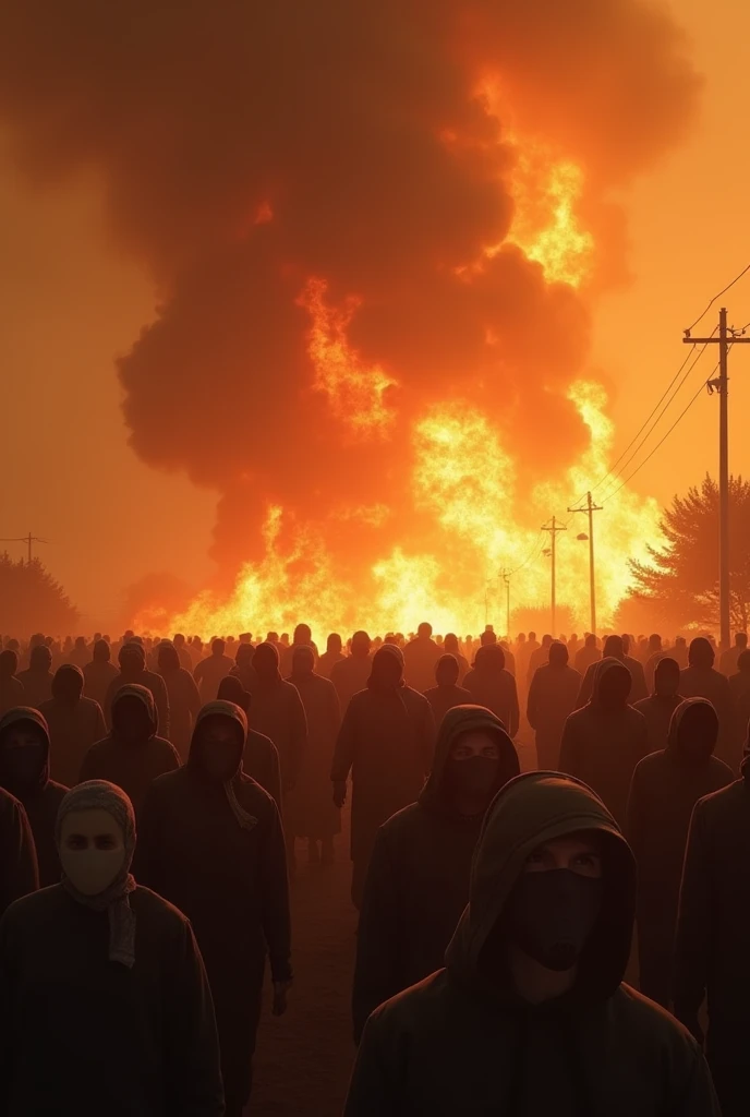 Create 100 low-income people wearing smoke masks, and behind them a very large wildfire.