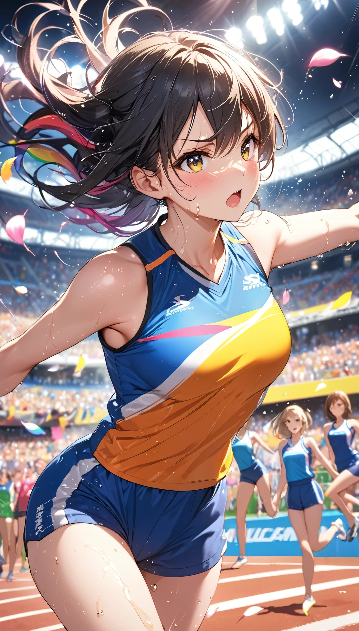 (Sports magazine cover photo), Highest quality, Great quality, 16K, Unbelievably absurd, Very detailed, delicate and dynamic, Natural light, The particles reflect light, Diffuse reflection of light, Many rainbow-colored petals fall, Beautiful truck studium, Sparkling Sun, Diffuse reflection of light, Create amazing image effects, , Wet, sweating, high jump competition, Close-up(Cute sexy girl, big bouncing busts, Sensual expression, Cool girl, Serious, passion, Dynamic, Flashy track and field uniform, audience , much-air-laden cheer)
